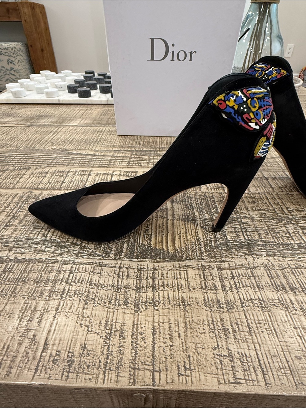 Dior Black Suede Pointed Pumps with Multicolor Embellished Heel Accent - Picture 8 of 15